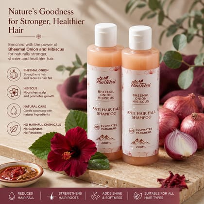 HimTehri Bheemal Onion Hibiscus Anti Hair Fall Shampoo | Sulphate & Paraben Free Herbal Shampoo | Nourishes Scalp & Strengthens Hair | Pack of 2 x 200ml