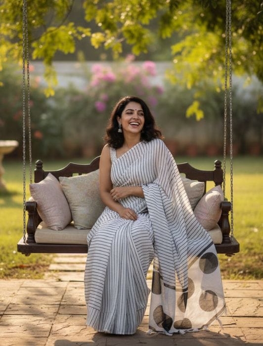 WOTM Minimal Mono 1 Minute Saree for Women | Ready to Wear Pre-Pleated Saree | Linen Blend Readymade Saree with Unstitched Blouse | Casual & Office Wear Saree