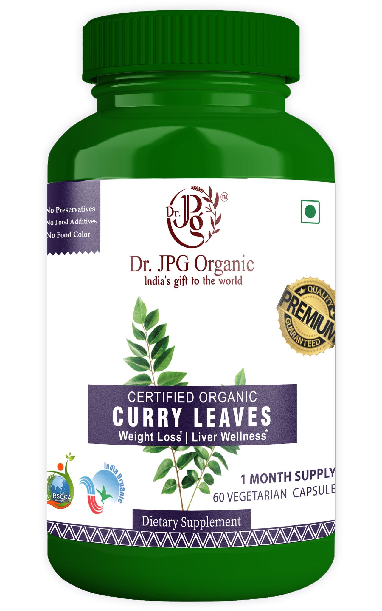 Dr. JPG Organic Herbals Curry Leaves Capsules Liver Wellnes 60 Veg. CapsulesI/INDIA ORGANIC Certified