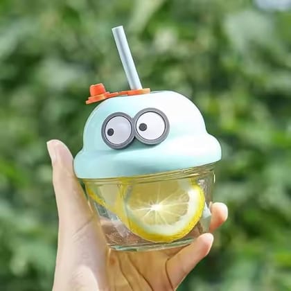 Creative Cartoon Glass Cup, sipper with Straw and Lid for Kids 