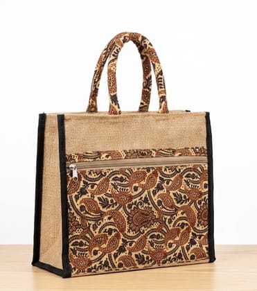 Natural Jute Tote Bag with Brown Paisley Design, Zippered Pocket and Inner Lining
