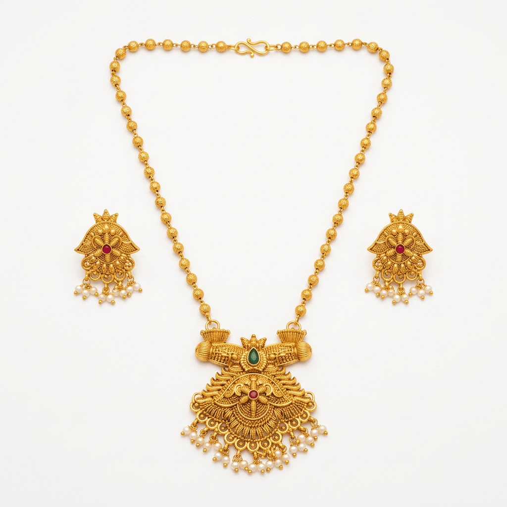 Traditional Gold Plated Temple Jewellery Necklace Set with Earrings