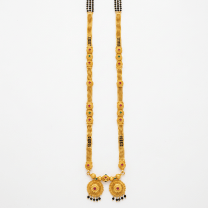 Traditinal Dual Vati Long Mangalsutra with Red & Green Stones