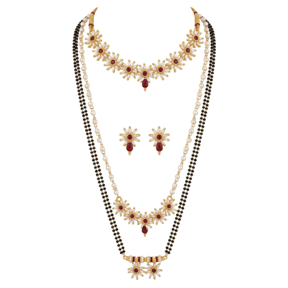Traditional Gold Plated Mangalsutra Combo with Kundan & Ruby Accents
