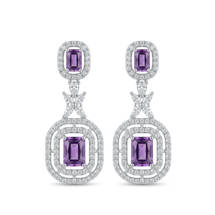 Emerald Cut Amethyst CZ Double Halo Drop Earrings in Sterling Silver