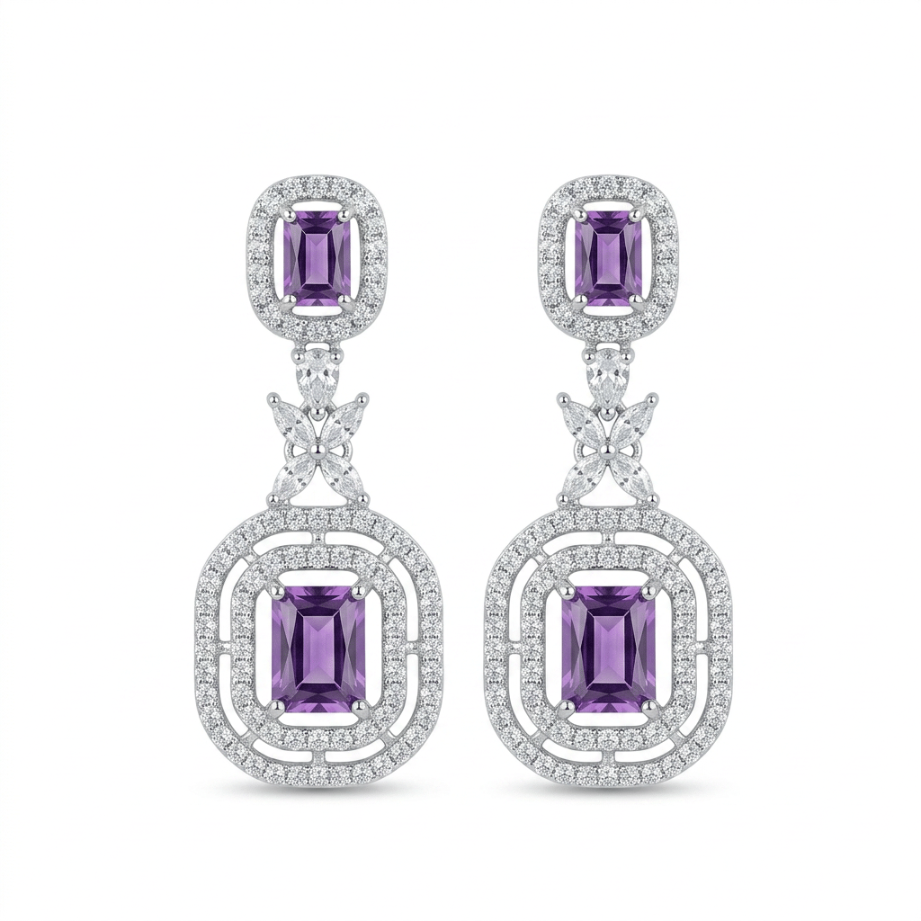 Emerald Cut Amethyst CZ Double Halo Drop Earrings in Sterling Silver