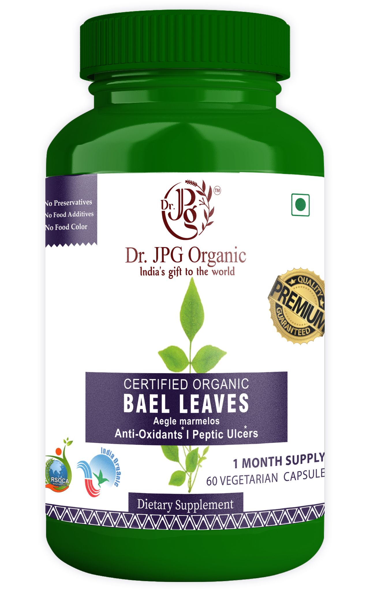 Dr. JPG Organic Herbals Bael/Bel Patra Leaves Capsules For Detoxification 60 Veg Capsules | Aegle Marmelos | INDIA ORGANIC Certified (Pack Of 1)