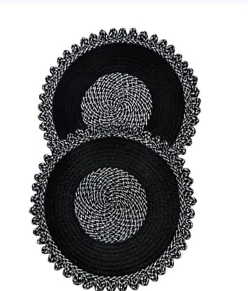 Handmade Braided Cotton Scalloped Door Mats, Black & White, Set of 2