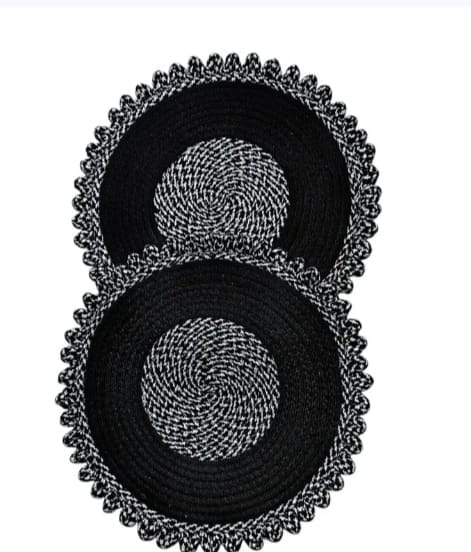 Handmade Braided Cotton Scalloped Door Mat - Black & White (Set of 2)