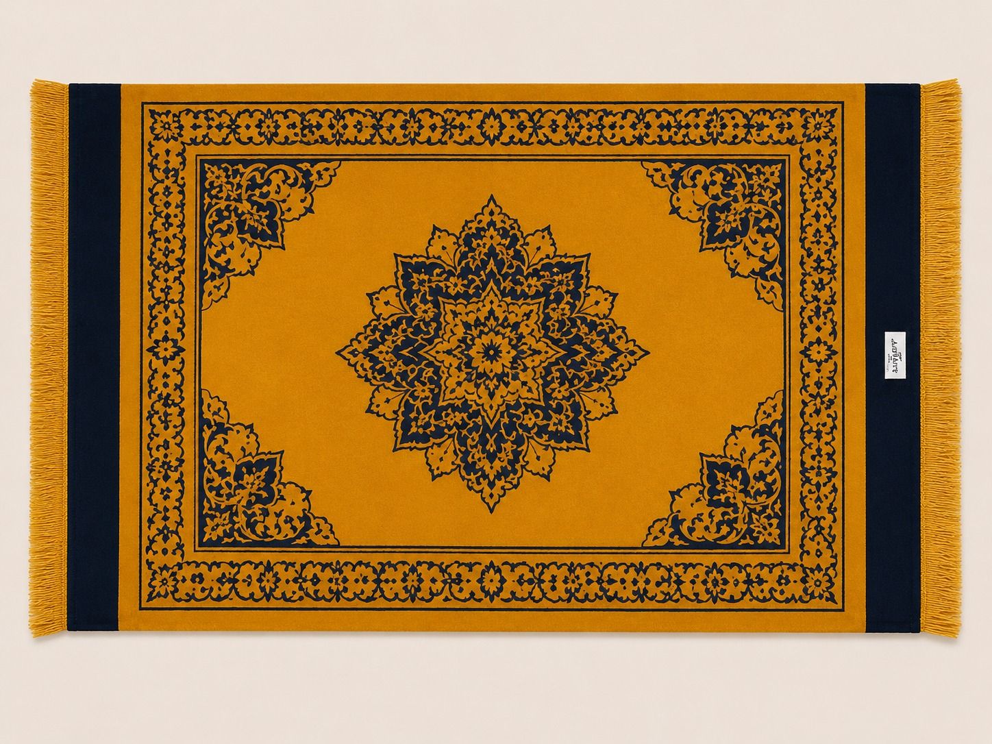 Zulaykha Mustard and Navy Blue Prayer Mat with Floral Mandala and Fringes
