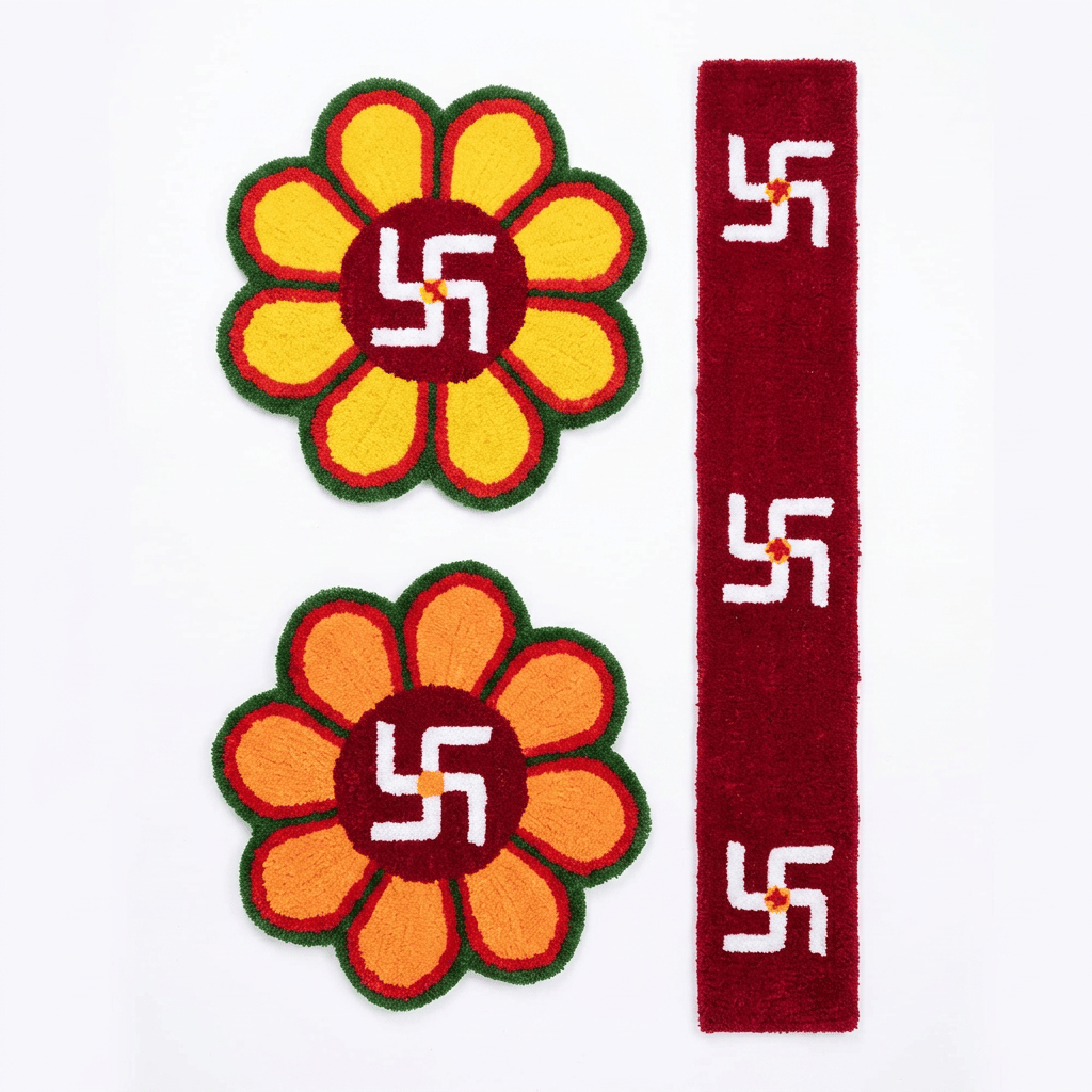 Handmade Swastik Woolen Coaster & Mat Set - 3 Pcs