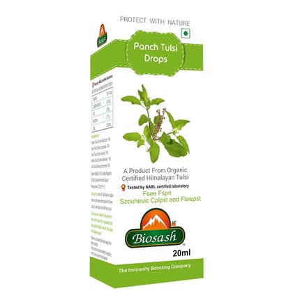 Biosash Panch Tulsi Drops 20ml | Herbal Tulasi Ark Drops for Adults | Antibacterial Immunity Booster | Cough & Cold Relief | Pancha Tulasi Extract for Water Purification & Natural Wellness