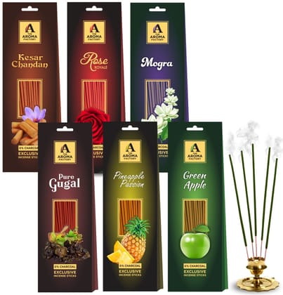 The Aroma Factory Sandal Chandan,Rose,Mogra,Gugal,Pineapple & Green Apple Agarbatti for Pooja Incense Sticks,100% Herbal Fragrance, (Bottle Pack of 6x30 Sticks)