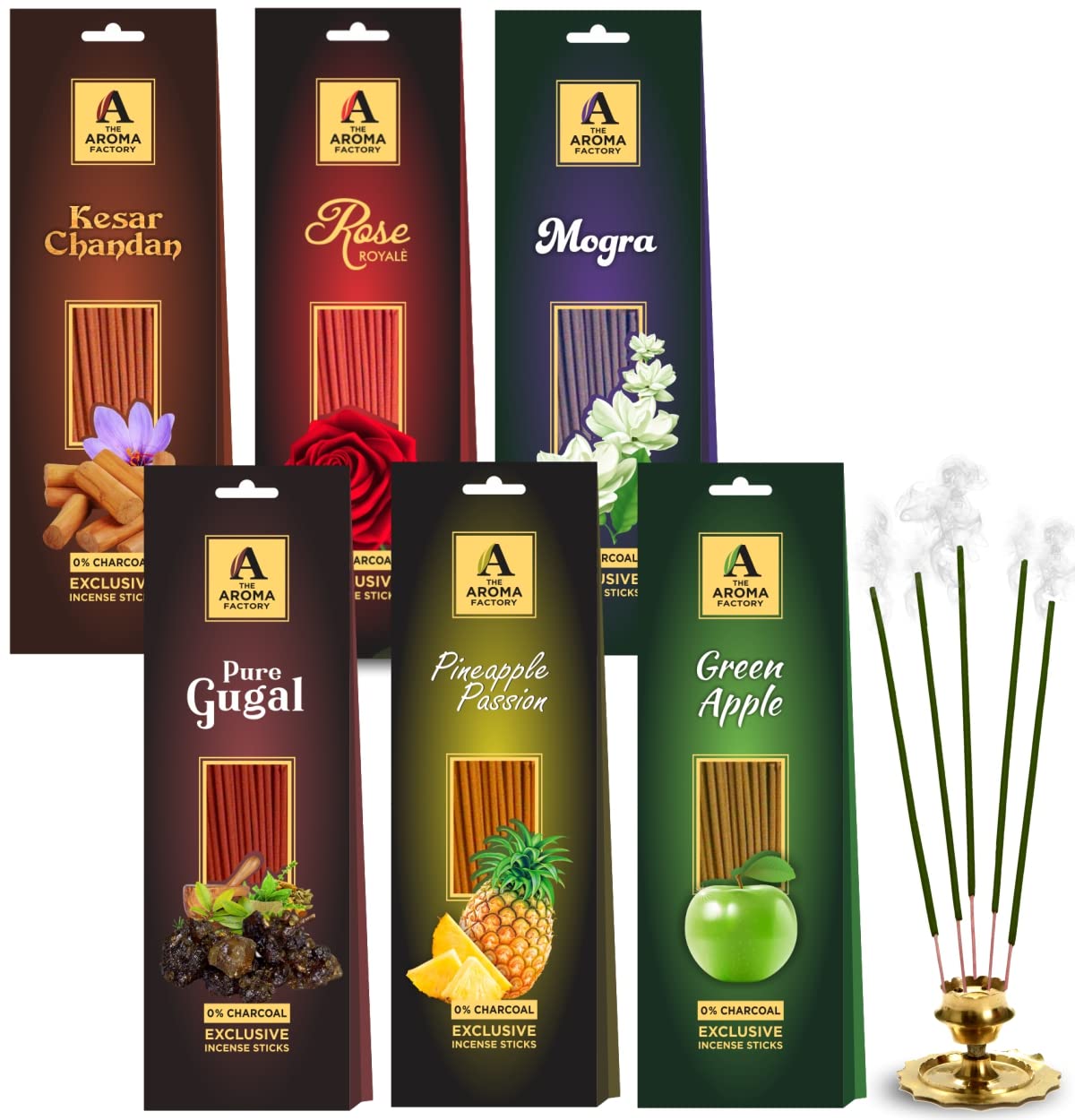 The Aroma Factory Sandal Chandan,Rose,Mogra,Gugal,Pineapple & Green Apple Agarbatti for Pooja Incense Sticks,100% Herbal Fragrance, (Bottle Pack of 6x30 Sticks)