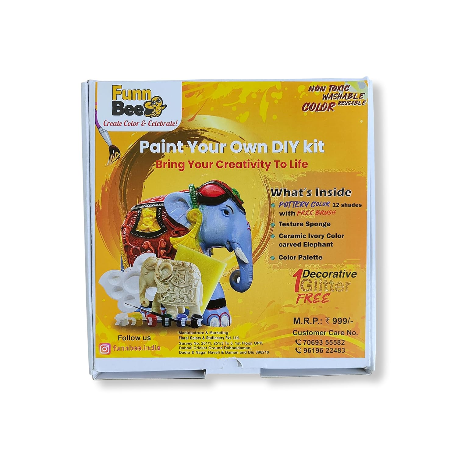 FunnBee Paint Your Own DIY Kit Ceramic Ivory Color Carved Elephant