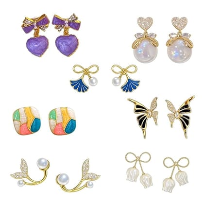 7 Pairs Women Trendy Gold Plated Pearl & Enamel Stud Earrings Set – Cute Bow, Heart, Butterfly & Shell Design Earrings for Girls & Women – Fashion Jewelry Combo Pack
