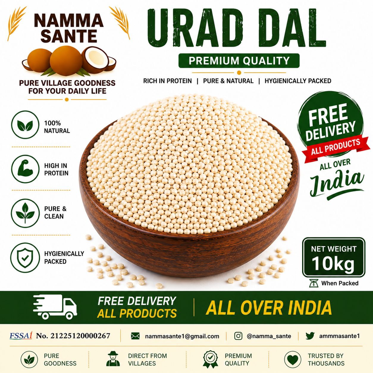 Urad Dal, White Lentils, Minapa Pappu, Ulutham Paruppu, Black Gram Dal 10kg
