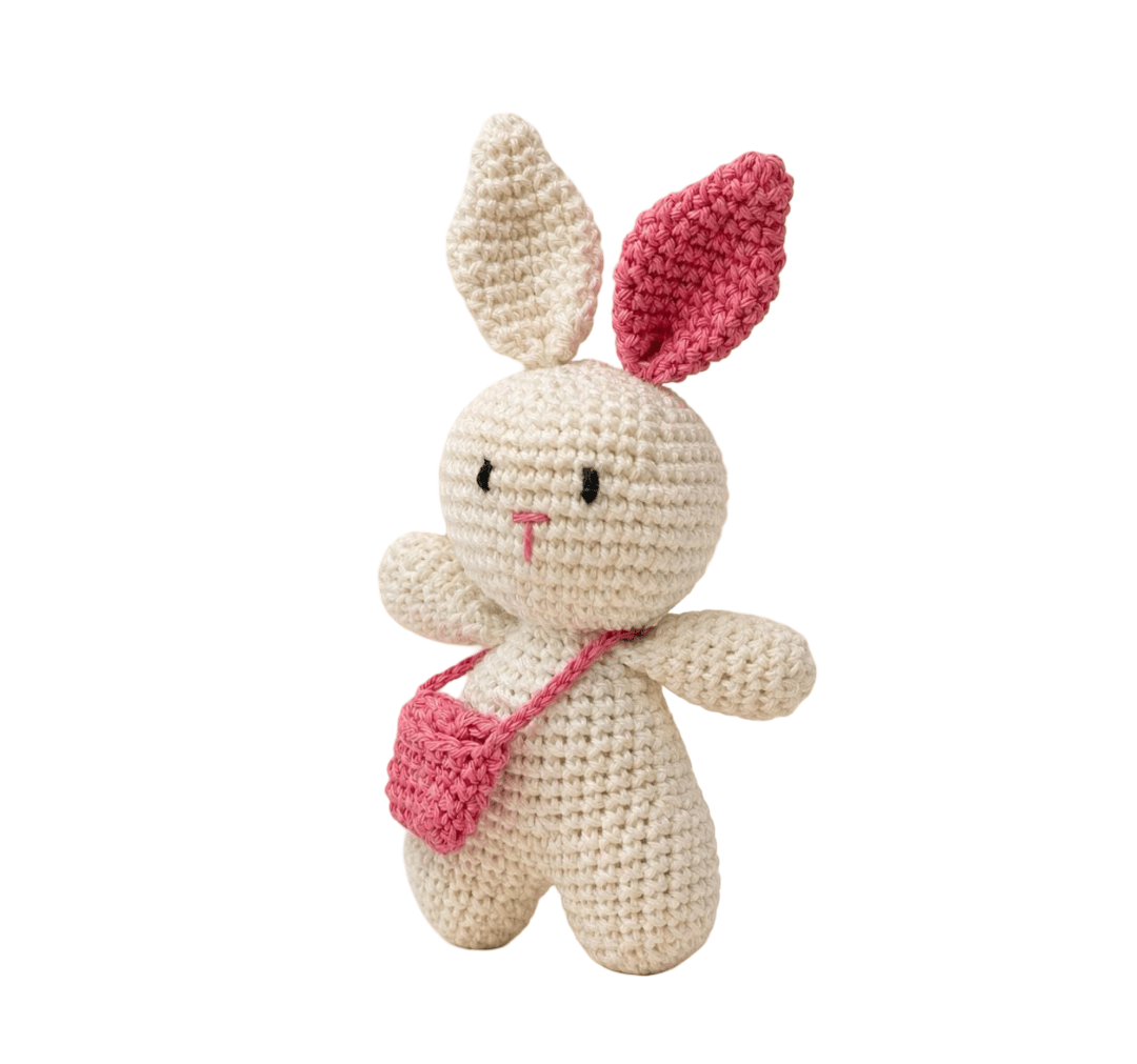 Handmade Off-White Crochet Bunny Toy with Pink Ear and Sling Bag