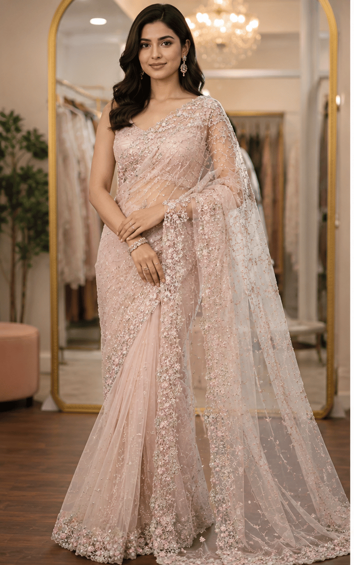 Light Pink Embroidered Net Saree with Blouse