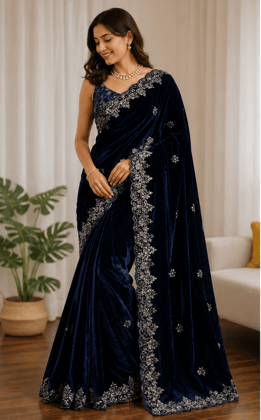 Women's Navy Blue Velvet Saree with Silver Embroidery