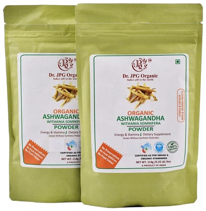 Dr. JPG Organic Herbals Ashwagandha Powder 228g / Withania Somnifera/INDIA ORGANIC Certified / 114g Pack Of 2. 