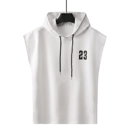 Men's White Waffle Knit Sleeveless Hoodie with '23' Print Men's White Waffle Knit Sleeveless Hoodie with '23' Print