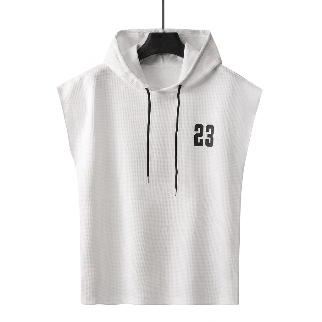Men's White Waffle Knit Sleeveless Hoodie with '23' Print