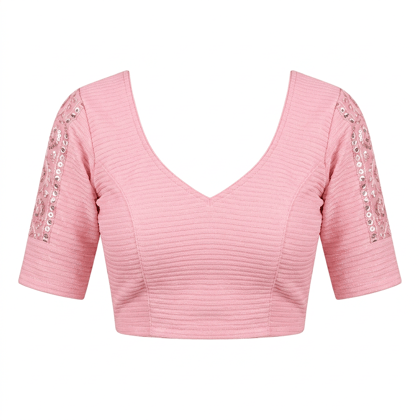 Women's Pink Textured Short Sleeve Blouse with Mirror Work Women's Pink Textured Short Sleeve Blouse with Mirror Work