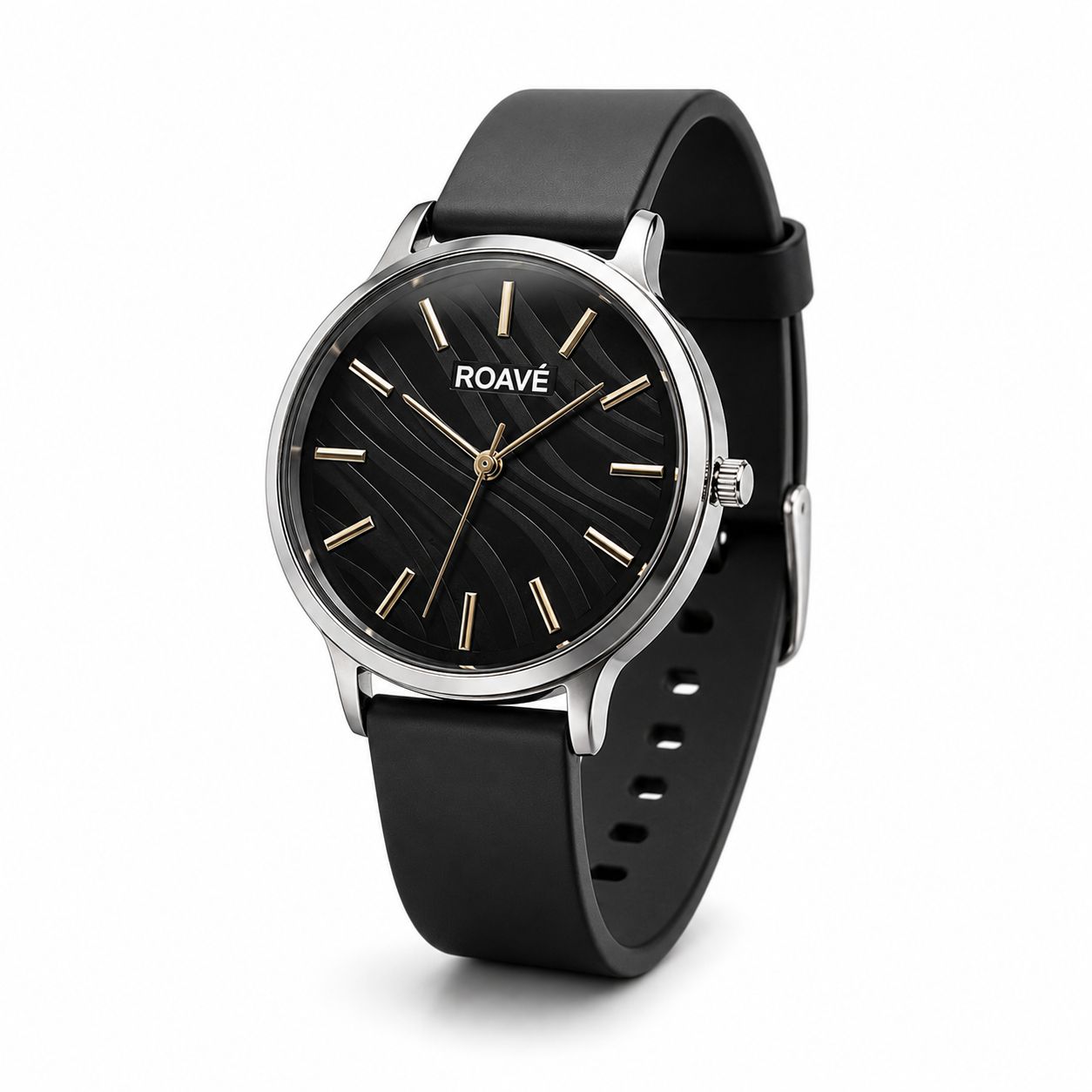 ROAVÉ Quartz Round Silicone Band Casual Analog Watch For Women With Buckle Clasp - Black