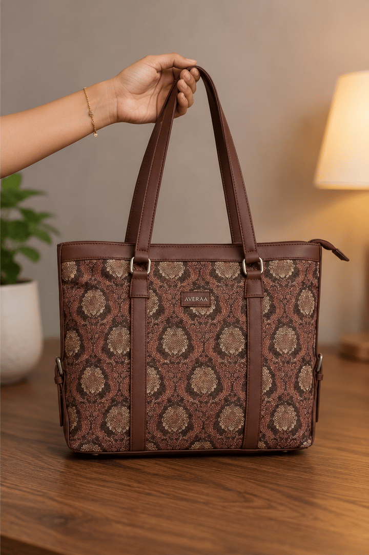 AVERAA Women's Brocade and Faux Leather Tote Bag - Brown