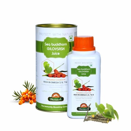Biosash Seabuckthorn Giloysash Juice 250ml | Pure Sea Buckthorn Juice with Giloy & Berry Pulp | Rich in Omega 3 6 7 9 | Helps in Skin & Hair Health, Liver Detox, Immunity Vitality & Overall Wellness
