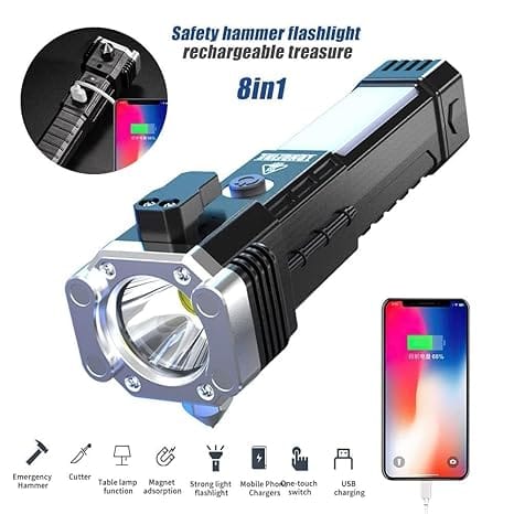 LED Emergency Torch, Rechargeable inbuilt Power Bank, Glass Breaker, Seatbelt Cutter, Magnetic Base.