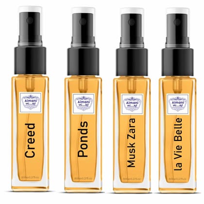 Aimani Mini Perfume Gift Set for Men & Women - Pack of 4 (8ml Each) | Multi-Fragrance Combo: Creed, Ponds, Musk Zara, La Vie Belle | Ideal for Gifting & Travel