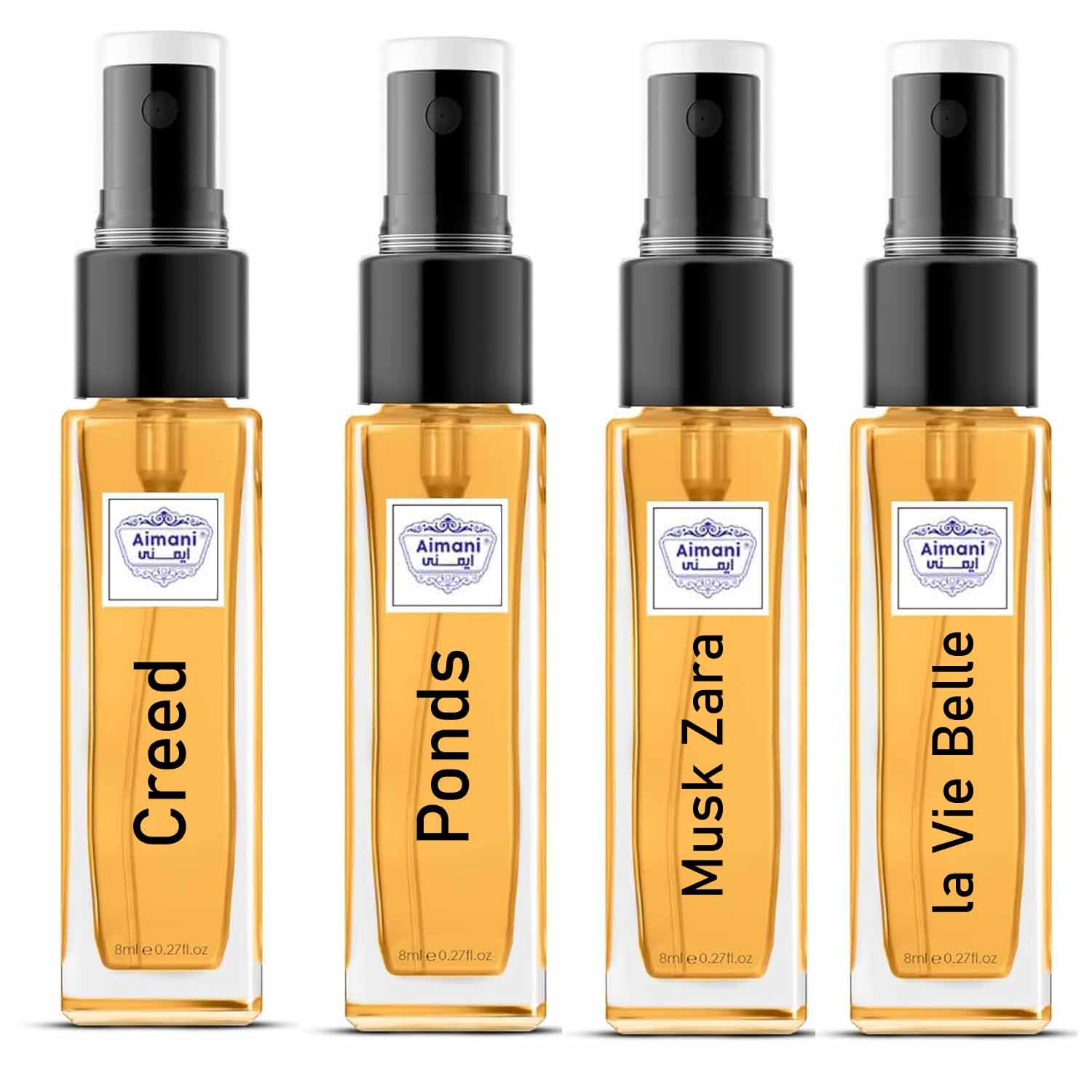 Aimani Mini Perfume Gift Set for Men & Women - Pack of 4 (8ml Each) | Multi-Fragrance Combo: Creed, Ponds, Musk Zara, La Vie Belle | Ideal for Gifting & Travel