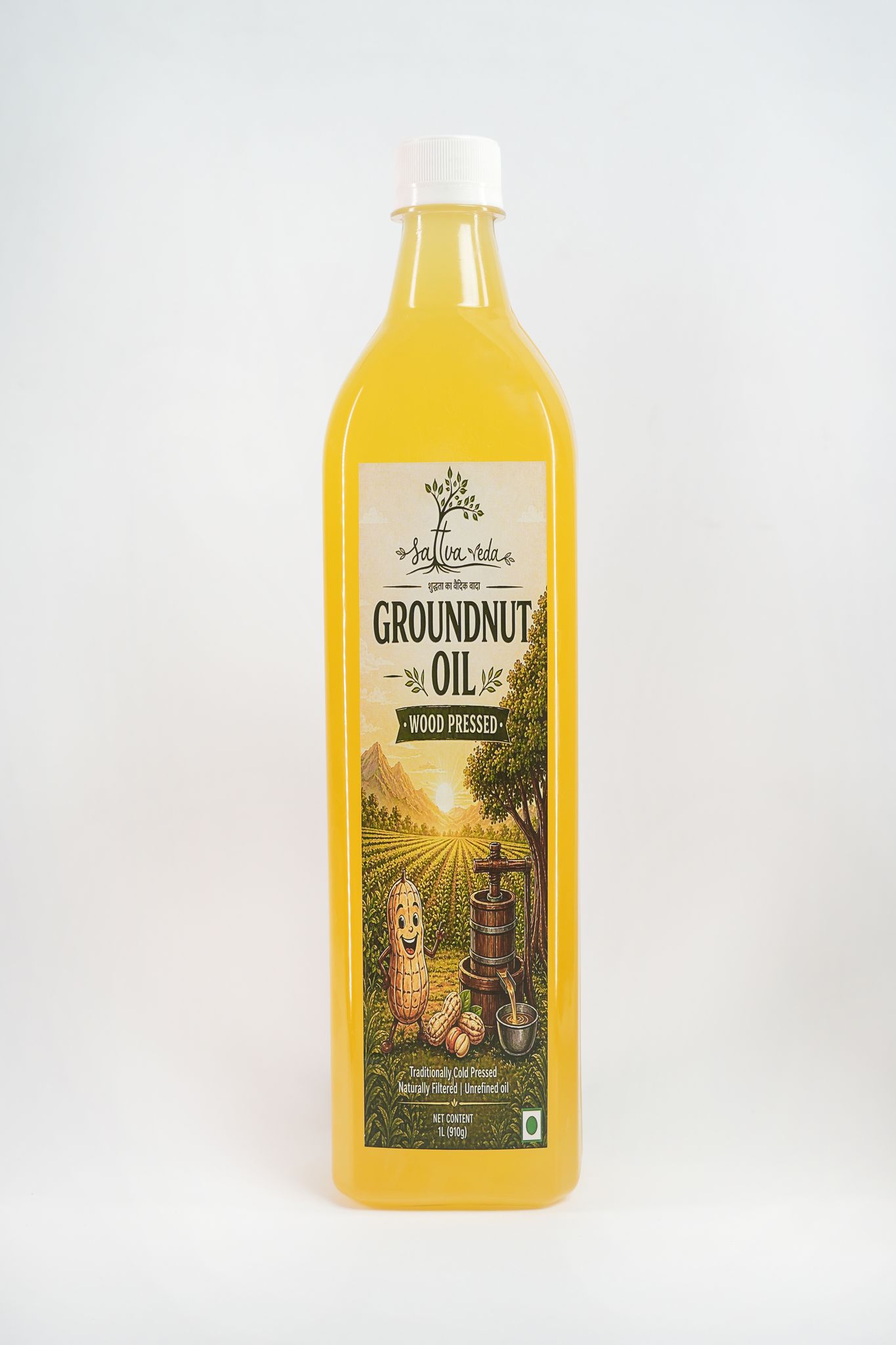 Sattva Veda Farms Wood Cold Pressed Groundnut (Peanuts) Oil 1 Litre | PET Bottle | Kolhu/Kacchi Ghani/Chekku | Naturally Cholesterol Free | A1 Grade Groundnuts | Rich Aroma & Flavour