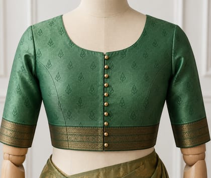 Women's Green Banarasi Silk Blouse with Back Neck Design Women's Green Banarasi Silk Blouse with Back Neck Design