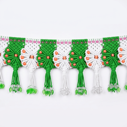 Handmade Macrame Door Toran with Green and White Floral Design Handmade Macrame Door Toran with Green and White Floral Design