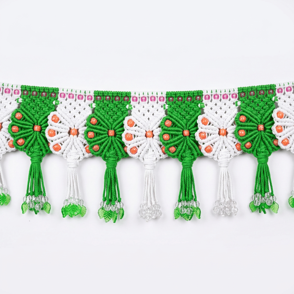 Handmade Macrame Door Toran with Green and White Floral Design