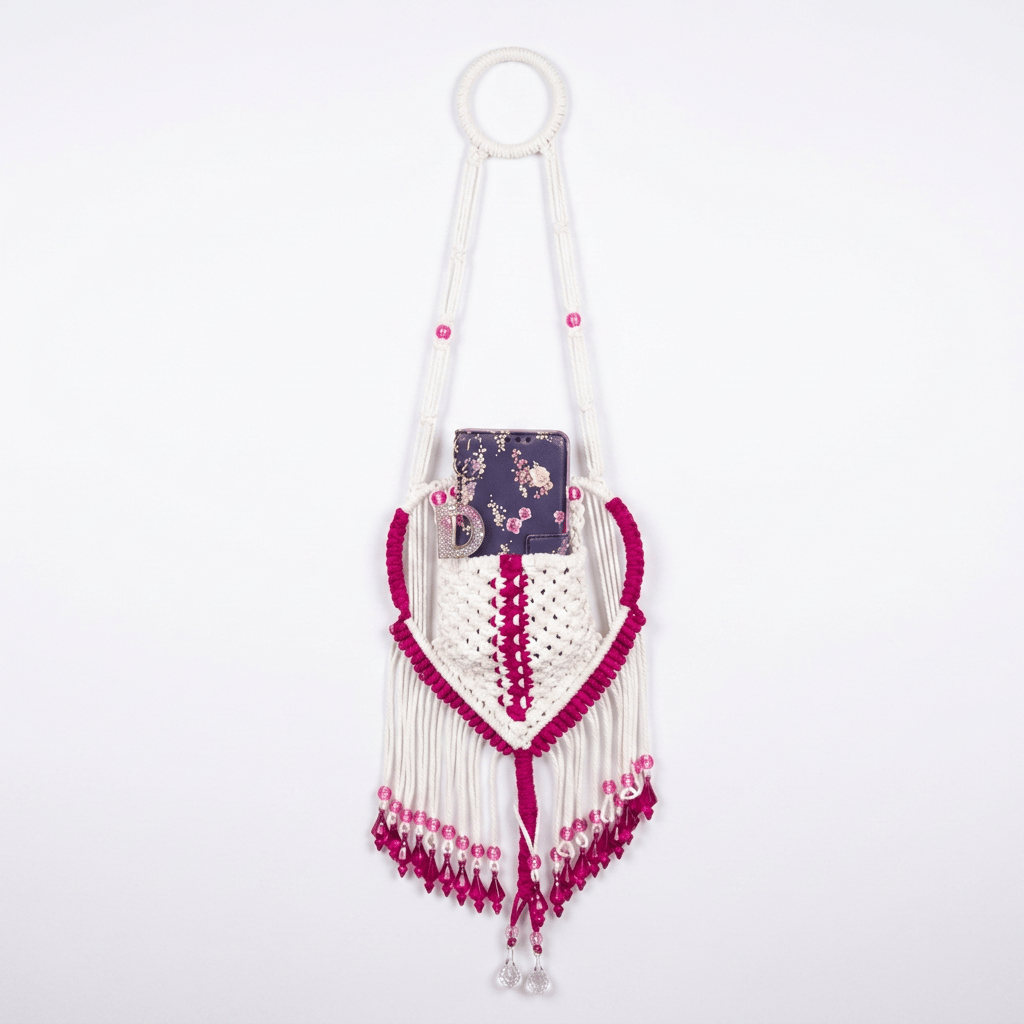Handmade Macrame Mobile Holder Wall Hanging - White & Pink