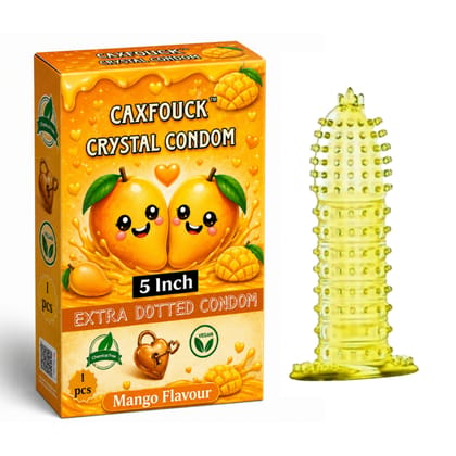 Caxfouck Crystal Condom Extra Dotted Mango Flavour 5 Inch Reusable Sleeve for Enhanced Pleasure (1 Pc)