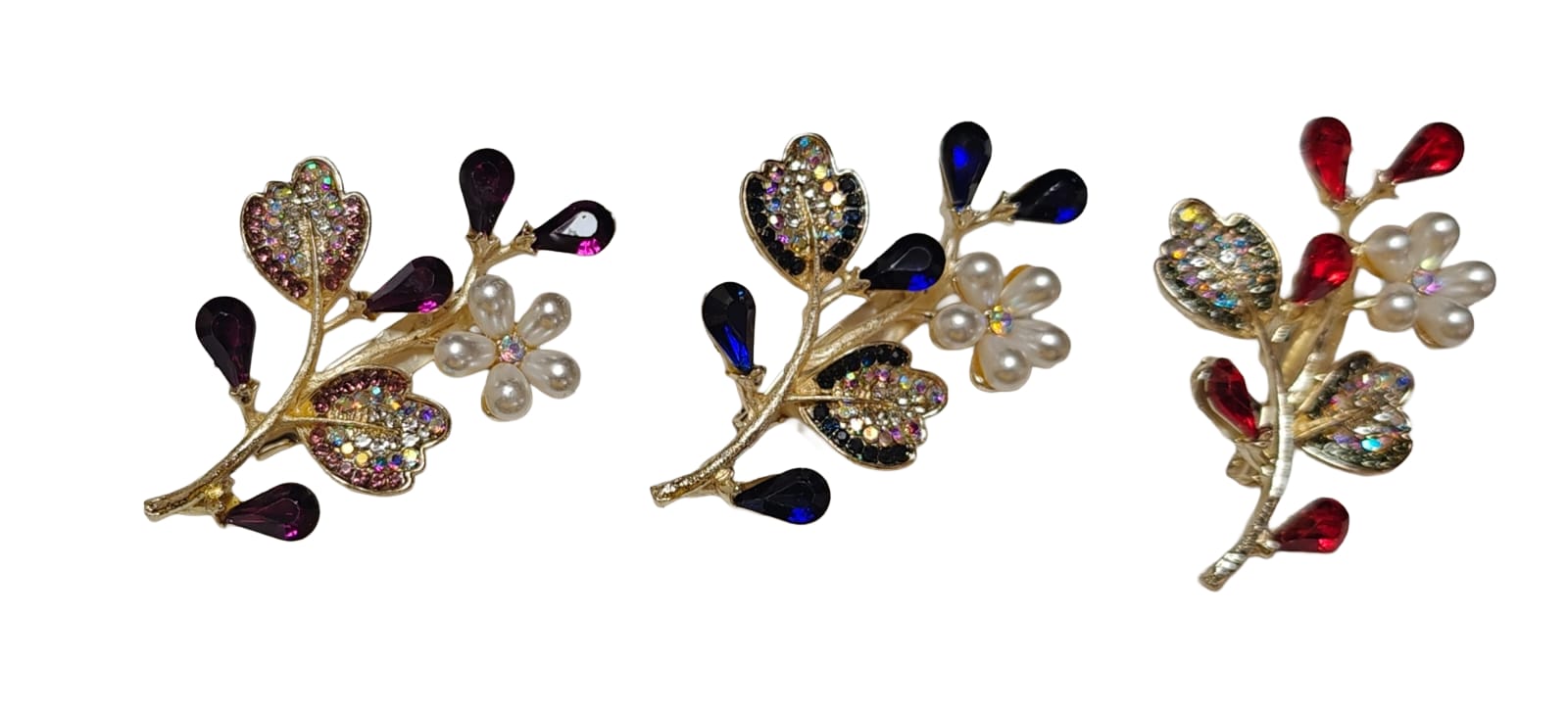 Multi-Color Rhinestone & Pearl Floral Brooch and Saree Pins - Pack of 5