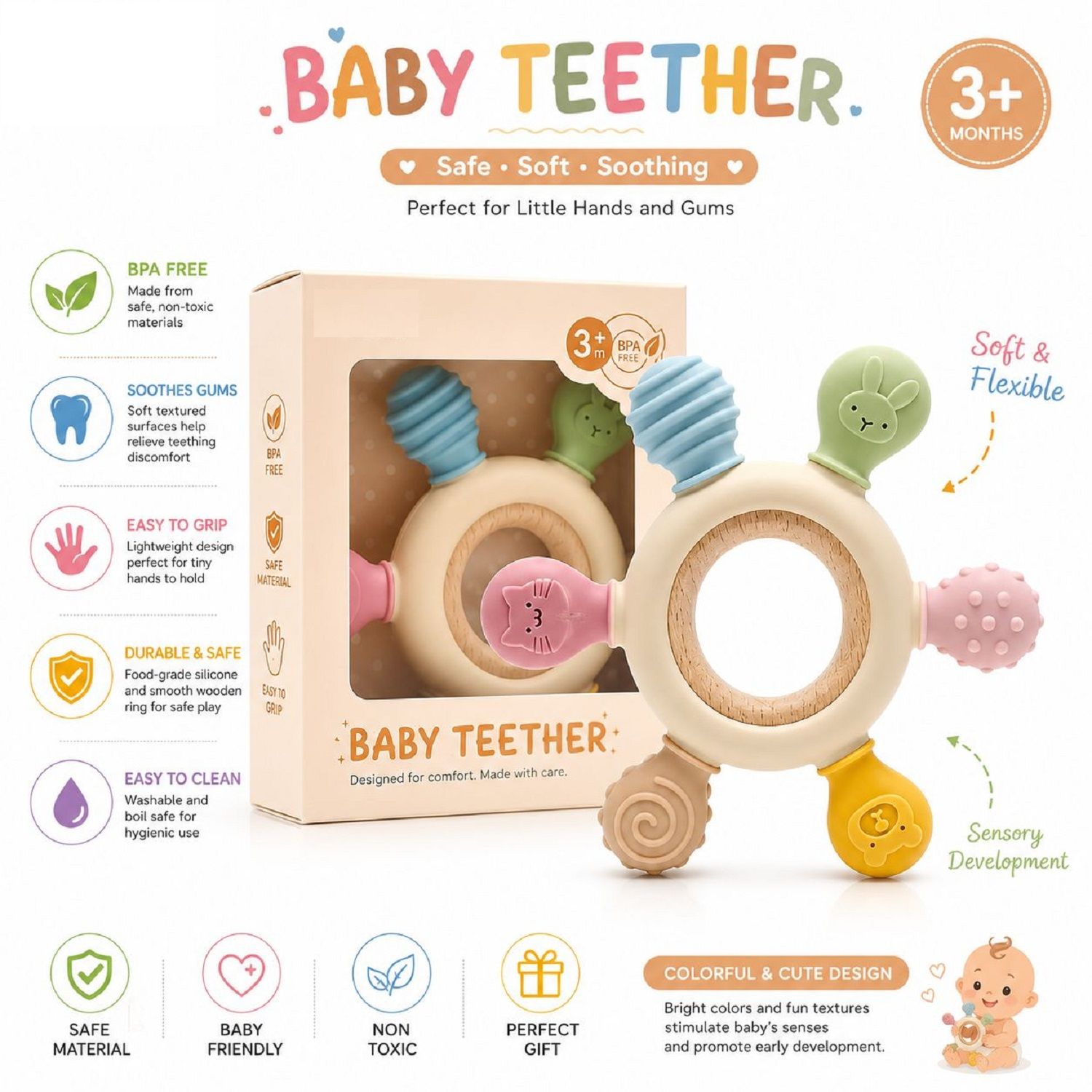 KTRS ENTERPRISE Wooden & Silicone Ring Teether, BPA Free, 100% Food Grade Silicone Rubber Teether with Wooden Ring for Babies to Soothe Thier Gums, Easy to Grasp & Chew, Teething Toy