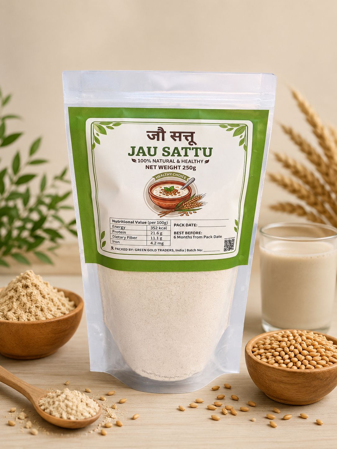 Buy Premium Jau Sattu (Barley Sattu) 250g. High-fiber, protein-rich traditional superfood for digestion, energy, hydration, and healthy living.