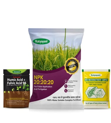 Katyayani NPK 20:20:20 Water Soluble Fertilizer with Mix micro 10gm + Humic + fulvic acid 30gm | 3-in-1 Complete Plant Nutrition for Root Development, Flowering & Crop Growth
