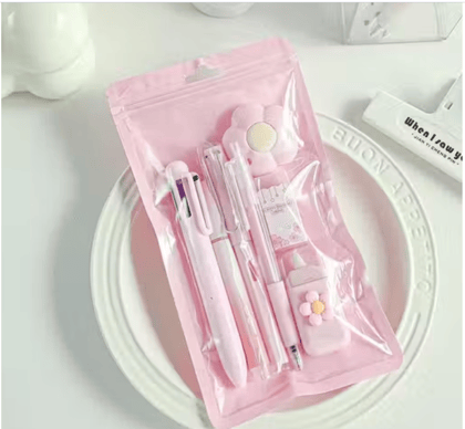 6 Pcs Flower Themed Pink Stationery Set - Eraser, Tape, Pens