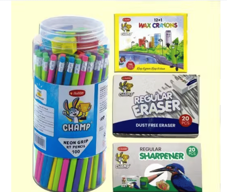 Rabbit Champ School Starter Kit – Pencil, Sharpener, Eraser & Crayon Set