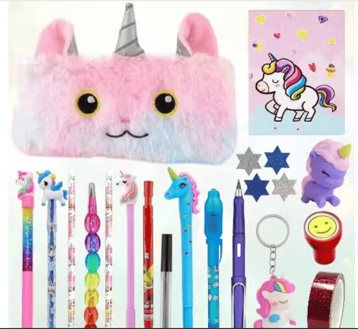 Kids School Stationery Set with Pouch, Pencil Colours & Unicorn Keyring