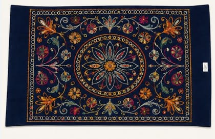Navy Blue Embroidered Table Runner with Floral Motif