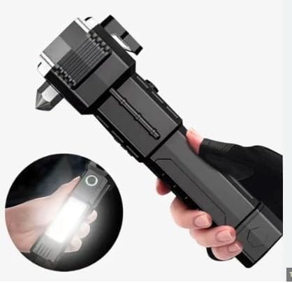 Portable Rechargeable Survival Torch with LED Work Light, Emergency Hammer and Car Safety Rescue Features