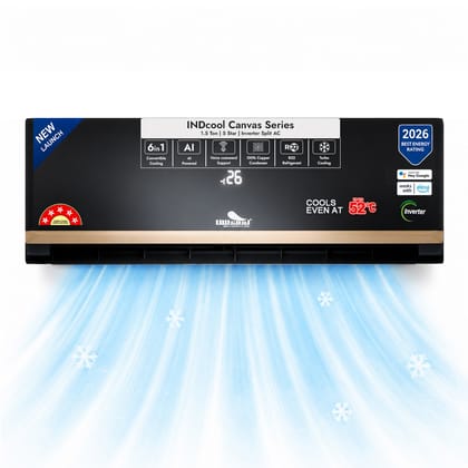 INDcool Canvas Series 1.3 Ton 5 Star Inverter Split AC | 6-in-1 Convertible Cooling | AI Powered | Wi-Fi Enabled | Voice Control | Bluetooth Connectivity | 100% Copper Condenser | Turbo Cooling | R32 Refrigerant | Midnight Finish | IDCACSBF16K5CMN | 2026